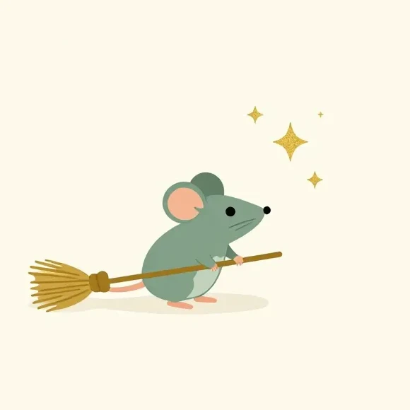 A tiny mouse sweeping with a broom — Mindy's helper