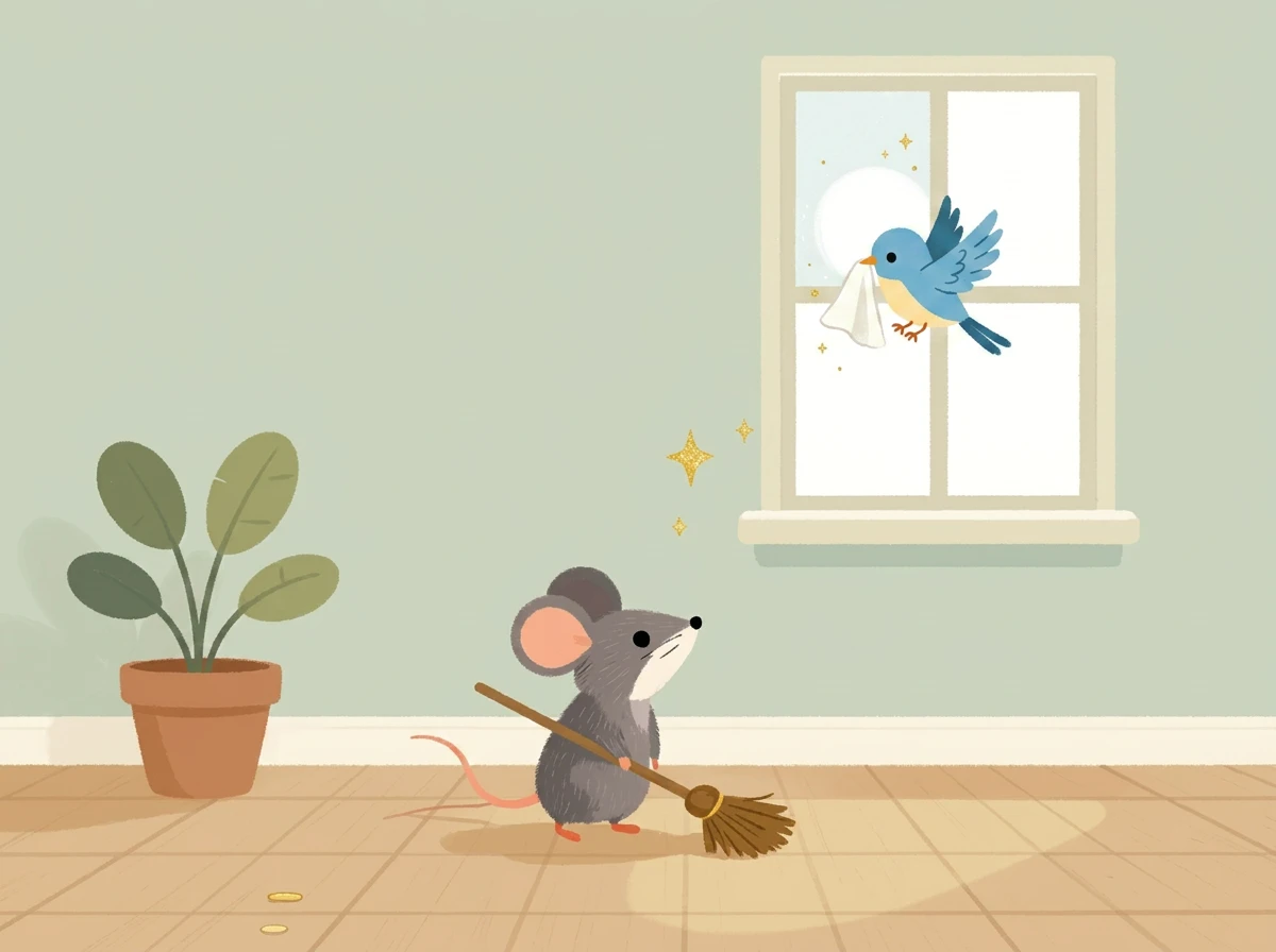 Storybook illustration of a little mouse sweeping the floor while a bluebird polishes the window, gold sparkles in the air